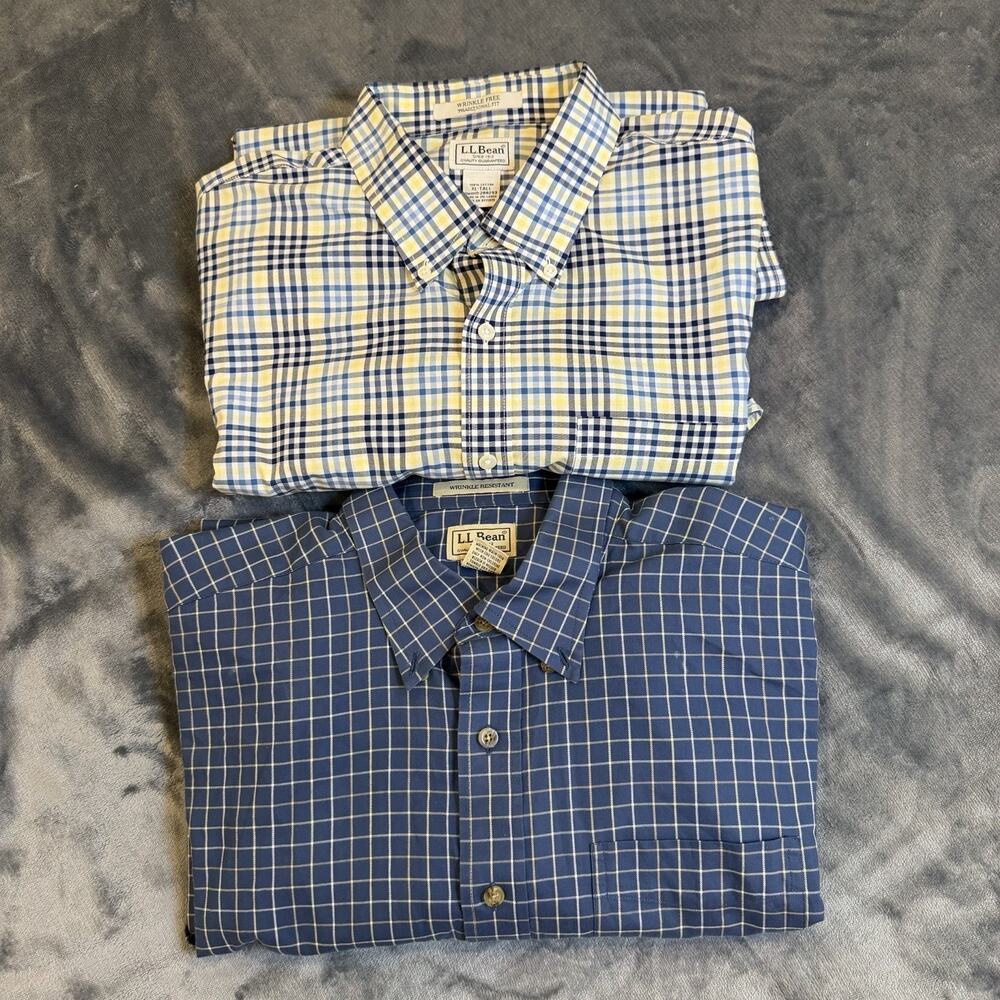 Bundle 2 LL Bean Men XL Tall Wrinkle Free Plaid Button Down Traditional Fit